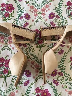 Aldo Nude Leather Block Heel Sandals with Metallic Hammered Accent